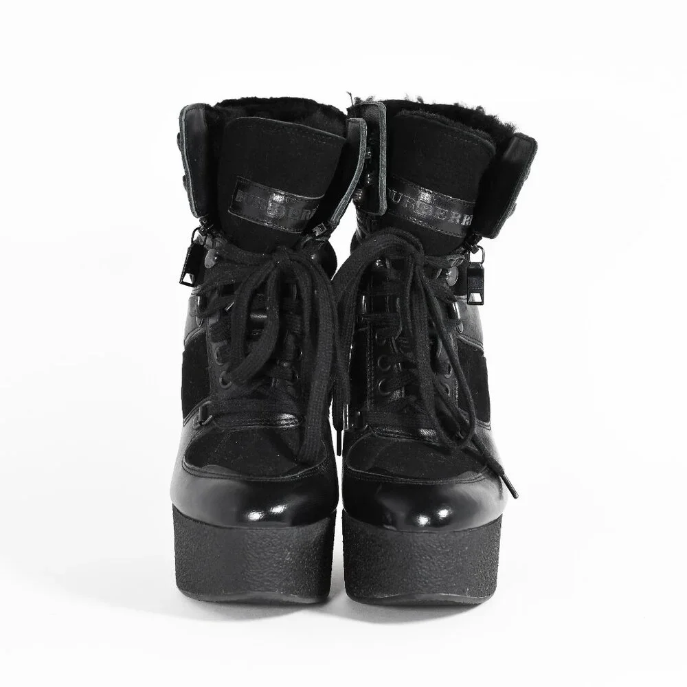 Burberry Black Leather Lace-Up Wedge Boots Women’s Size 38 - Picture 3 of 16
